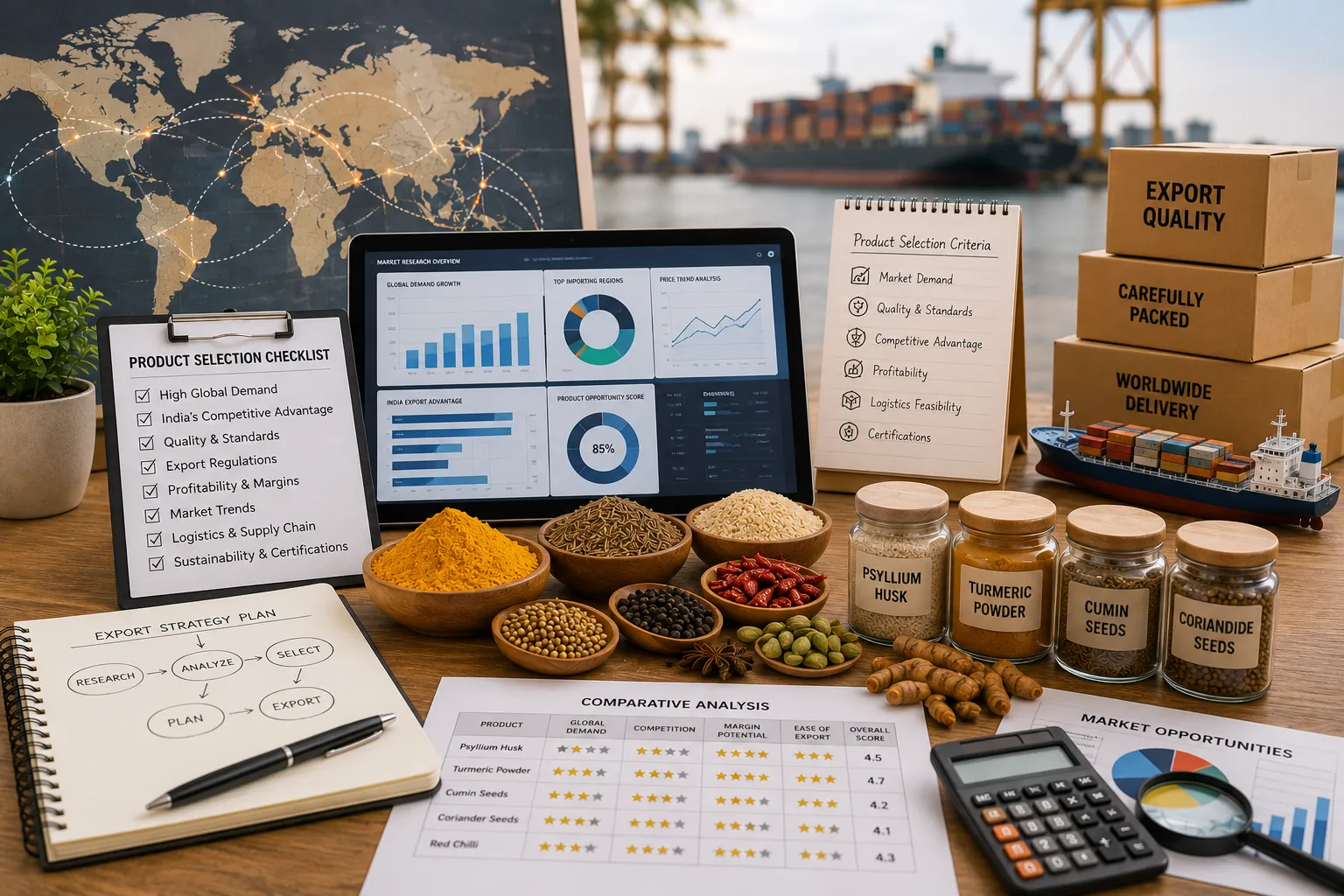 Indian export product selection with market research documents, spice samples and global trade planning for international business.